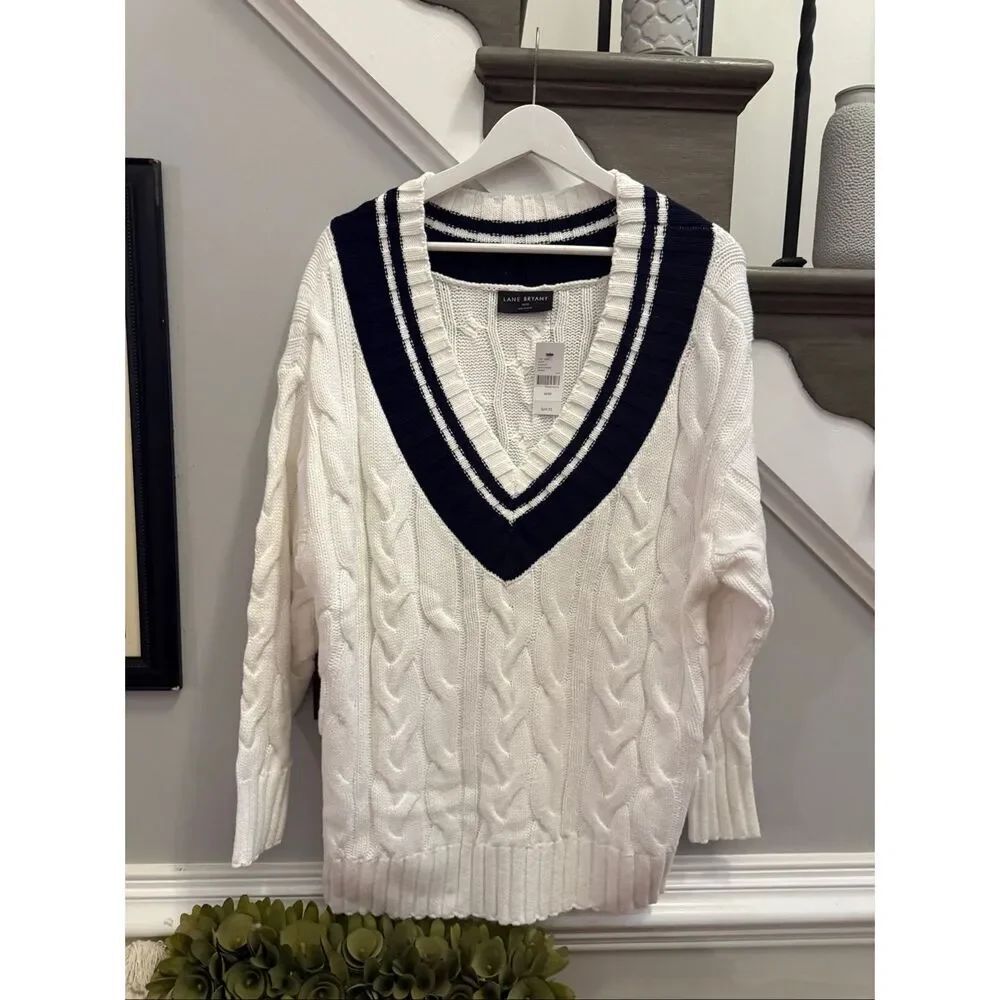 Lane Bryant White & Navy Preppy V-Neck Varsity Sweater sz 18/20 NWT